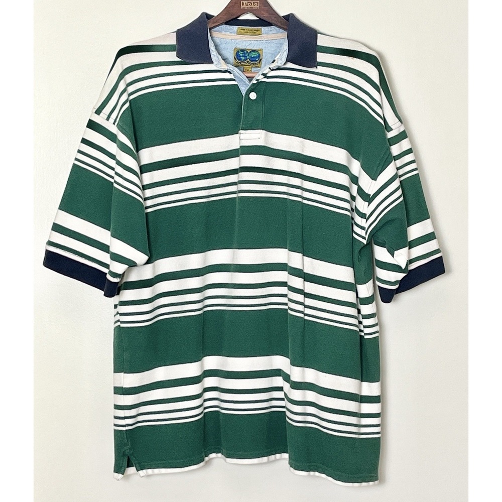 Vintage Native‎ Habitat Polo Shirt Men's XXL Green White Stripe 90s Preppy